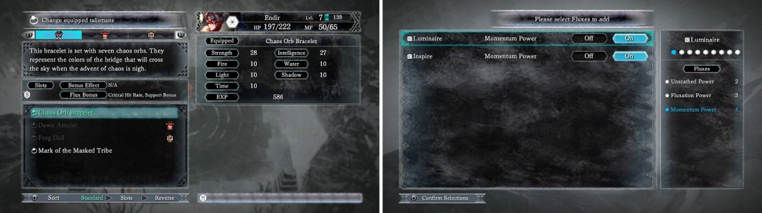 You need a Talisman with Flux Bonuses (left) in order to apply fluxes to Spritnite, which you won&rsquo;t know happened until after a battle&rsquo;s end (right).