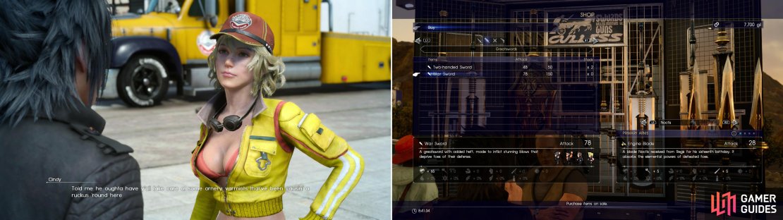 Cindy will give you some starting cash, and a bit of work to do while you wait (left). While you don&rsquo;t have much in the way of funds right now, buying a few weapon upgrades may be worth the Gil (right).