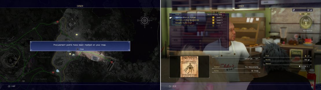 &ldquo;Talk&ldquo; to restaurateurs to gain map intel (left). Many also provide hunts, which are a great way to earn extra Gil and experience (right).
