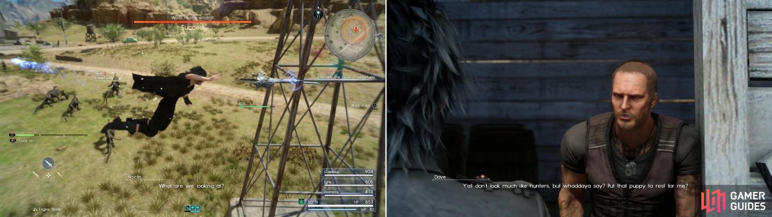 Warping to a vantage point will allow you to score a devastating first strike (left). Rescue Dave - everybody&rsquo;s favorite hunter - and he&rsquo;ll give you the honor of finishing the hunt for Bloodhorn (right).