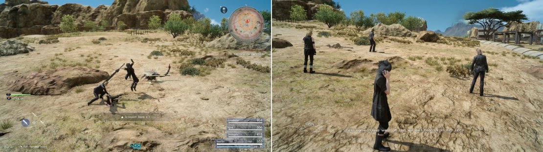 Head out into the wilderness and strike down the varmints (left) after which you&rsquo;ll be asked to go look for a missing hunter (right).