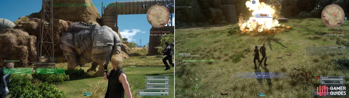As your Technique Gauge fills you&rsquo;ll be able to expend gauge fragments to perform powerful techniques (left). Or, for a more direct approach, Bloodhorn is weak against fire magic (right).