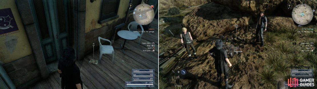 Pick up Mystery Map I on the porch of the inn (left). In the wilderness you&rsquo;ll find the abandoned camp of the hunter you&rsquo;re looking for (right).