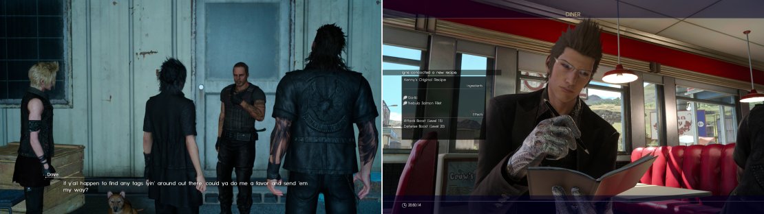 Talk to the wonderful Dave and he&rsquo;ll ask you to help him track down some Dog Tags (left). Buying new meals at restaurants you visit will occasionally teach Ignis new recipes (right).