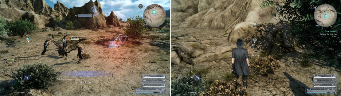 Track down the hunter and fight off a pack of Sabertusks (left) then claim the unfortunate hunter&rsquo;s Dog Tag (right).
