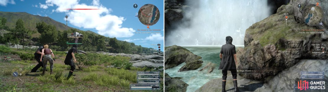 As you stroll towards the waterfall, you&rsquo;ll come across this Midgar Zolom lookalike (left). Leave quickly! Snag the Mega Phoenix (right) just before you enter the cave.
