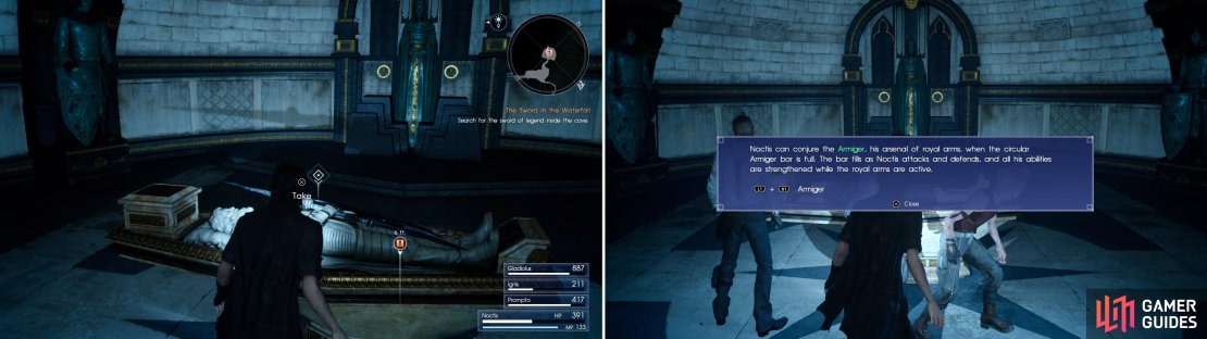 Grab the Swords of the Wanderer (left) after which you will then get access to the Armiger (right), a massive, if temporary boost to Noctis&rsquo;s power.