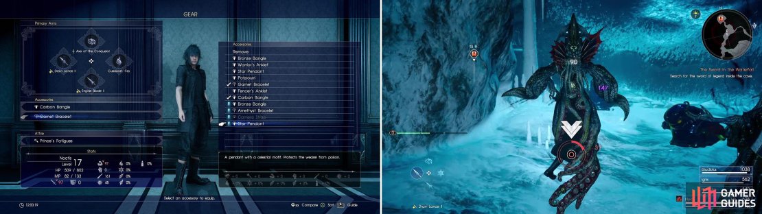 The Star Pendant (left) you find will come in very handy against the Imps here. Later, watch out for the Mindflayer&rsquo;s powerful grab attack (right).
