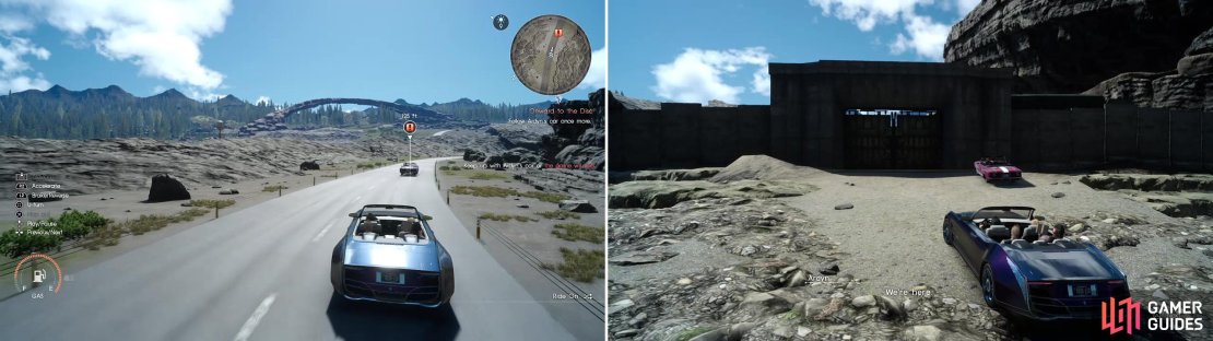Make sure to keep up with Ardyn&rsquo;s car (left) or you&rsquo;ll fail the mission. Eventually you&rsquo;ll pull up to the gates of the Disc (right) where Ardyn will leave you.
