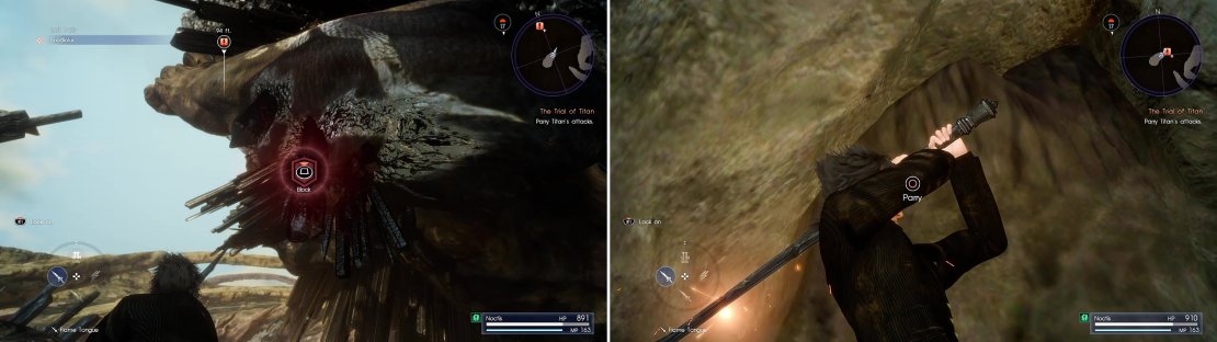 Hold the block button (left) to block Titan&rsquo;s powerful attacks then press Parry (right) to counterattack.