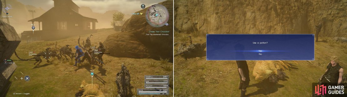 Examine the wounded Chocobo and you&rsquo;ll be ambushed by some leveled Sabertusks (left). Kill them and squander a Potion on the bird to get it back on its feet (right).
