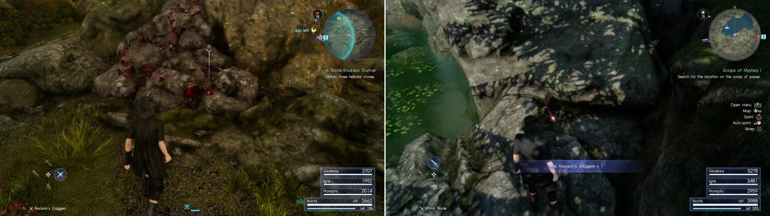 You&rsquo;ll find the mineral deposits that contain Dino&rsquo;s stones near the Swainsmere Fishing Spot (left). You can also grab some Assassin&rsquo;s Daggers while you&rsquo;re here - a free upgrade for Noctis and Ignis (right).