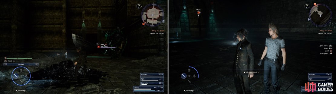 The Iron Giants here are rather nasty and powerful (left). Beware their massive sword swings. After the battle, don&rsquo;t forget to pick up the Mythril Shaft (right).