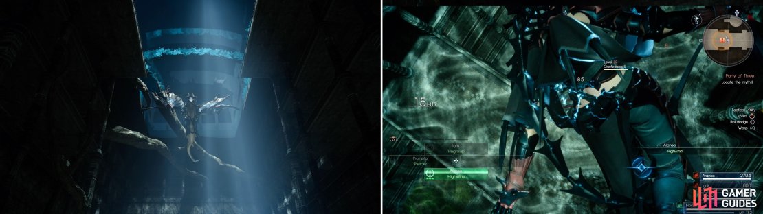 Quetzalcotl (left) uses strong, electric attacks but thankfully, Aranea&rsquo;s Highwind Link attack (right) helps enormously.