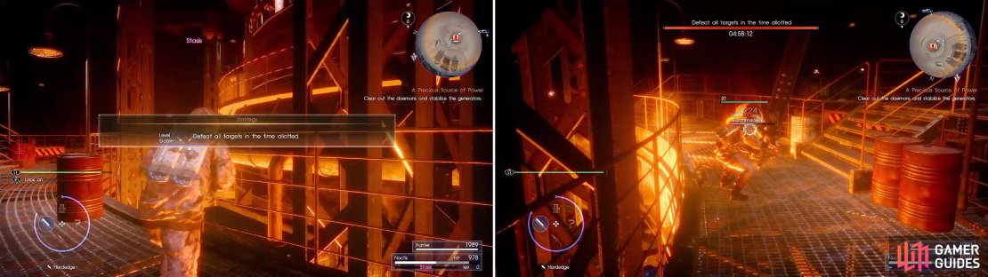 You&rsquo;re given a task to defeat all the enemies here within 5 minutes (left) so clear them about, being mindful of the Garchimacera (right) especially.