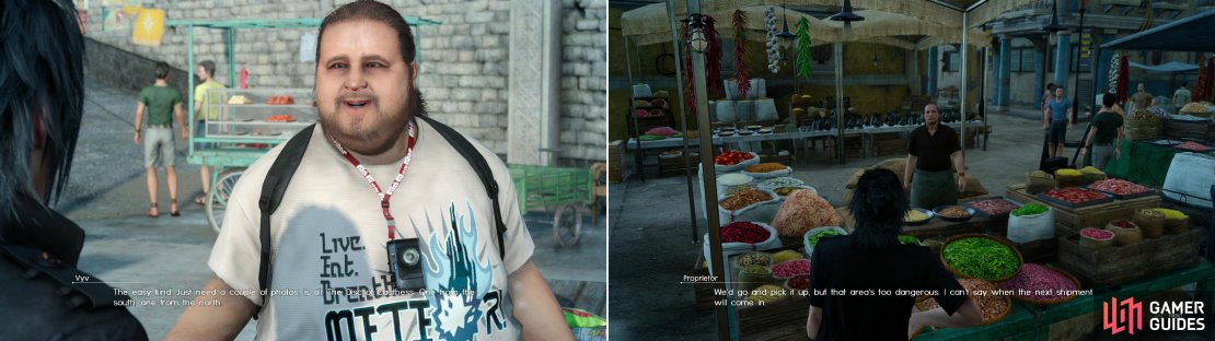 You&rsquo;ll pick up a variety of quests in Lestallum, from photography ventures (left) to simple farming (right).