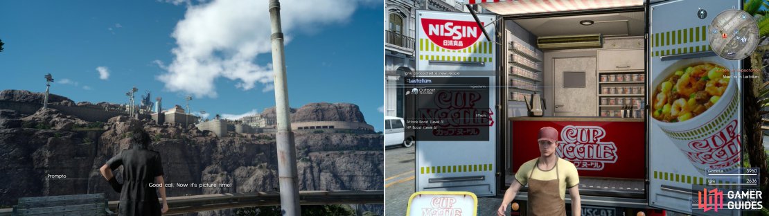 On the way to Lestallum, Prompto might just bug you to take advantage of a photo op (left). Near where you park you&rsquo;ll find a Cup of Noodles&hellip; Nissin must have paid good money for so much blatant promotion (right).