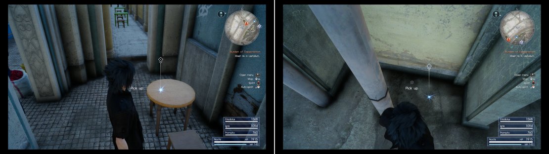 Search a table near the blue building with the &ldquo;Newfields&rdquo; sign to find a Glass Gemstone (left), then explore down an alley to score a Magic Flask (right).