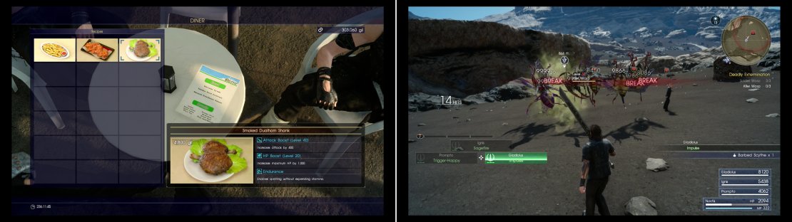 The Smoked Dualhorn Shank will give you some nice combat buffs and teach Ignis a new recipe (left). Taking on the hunt &ldquo;Deadly Extermination&rdquo; will allow you ot get some Barbed Scythes (right).