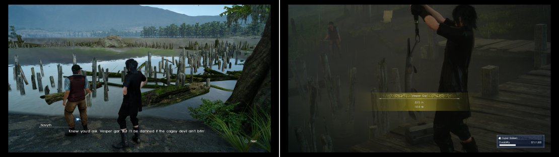 Near The Vesperpool - West Bank Fishing Spot you&rsquo;ll find your fishing buddy Navyth, who challenges you tocatch a Vesper Gar (left). Hook this fiesty fish to impress even Navyth (right).