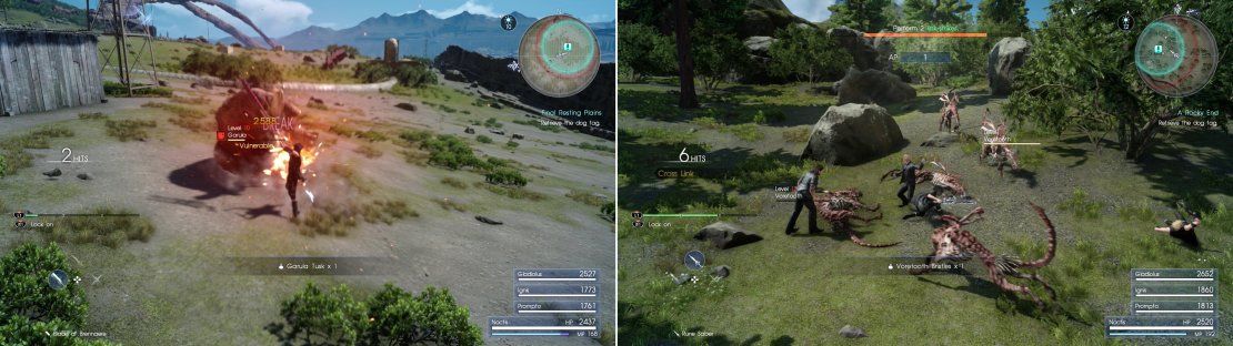Defeat some Garula&rsquo;s near a shed to claim one Dog Tag (left) while some Voretooths protect another near a boulder (right).
