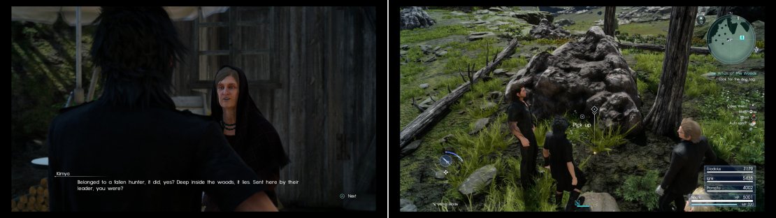 Kimya - a &ldquo;witch&rdquo; - will give you information on a missing hunter in Malmalam Thicket (left). The Suillied Dog Tag can be found near the Tomb of the Pious (right).