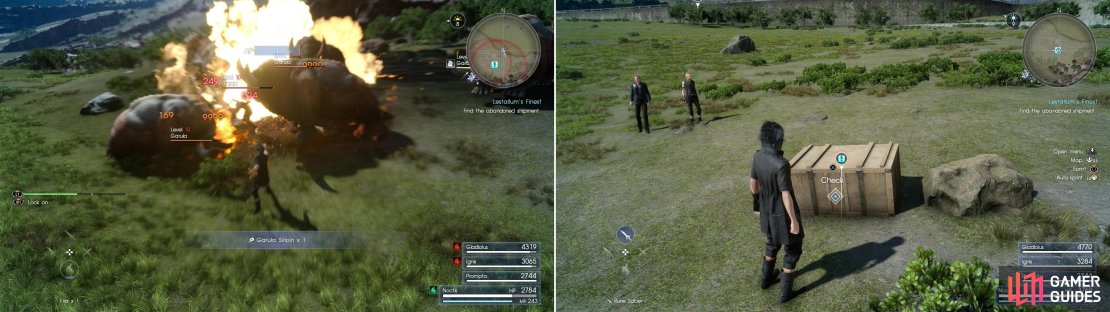 Kill the Garulas near the shipment (left) then recover the missing goods so Takka can get his supplies (right).