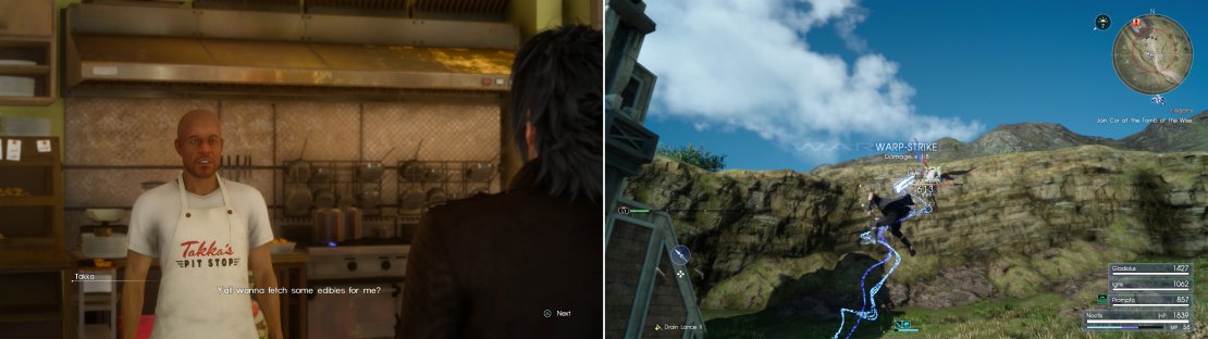 The first few of Takka&rsquo;s quest are simple - he&rsquo;ll ask you to gather him an ingredient (left) and you go hunting or foraging for it (right).