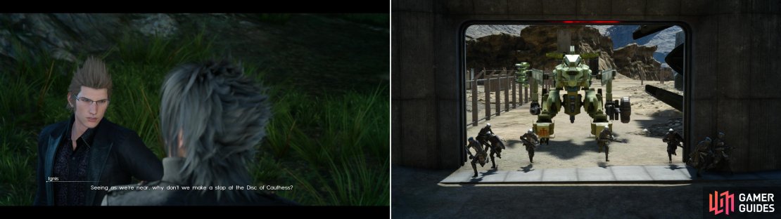 Ignis will request to go visit the Disc of Cauthess (left) and when you do, you&rsquo;ll be opposed by some imperials (right).