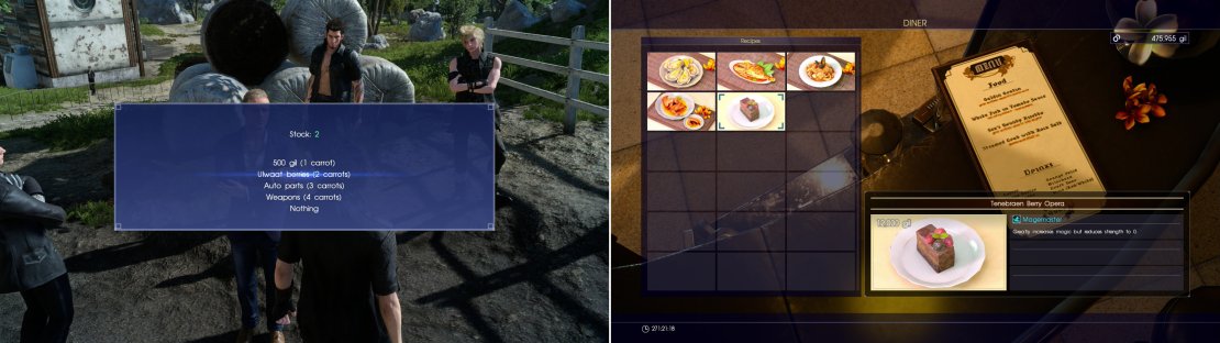 Trade some Caem Carrots to obtain Ulwaat Seeds (left) then take the Ulwaat Seeds to Coctura and she&rsquo;ll create a new dish for you (right).