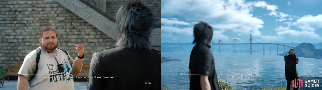 Vyv requests that you take a photo of the Crown City (left). To do this you&rsquo;ll have to fight through the imperials at the Hill Overlooking Insomnia to reach the photo spot (right).