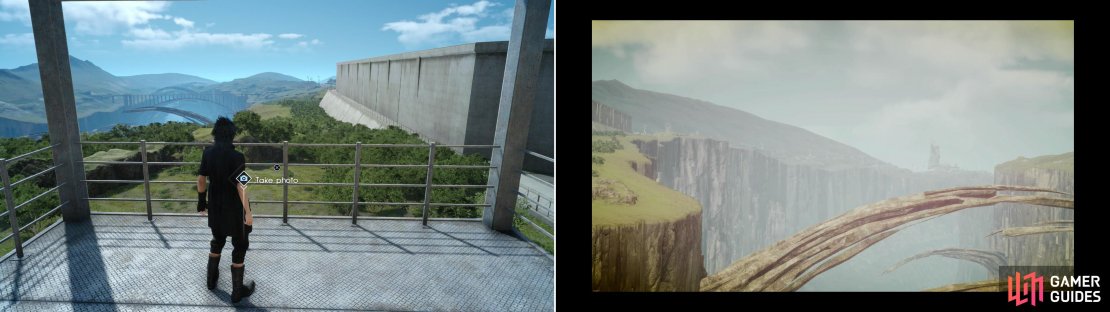 To get to one of the photo spots overlooking the Taelpar Crag you&rsquo;ll need scale a watch tower near an imperial fort (left), but it&rsquo;ll provide the sort of photo Vyv is after (right).