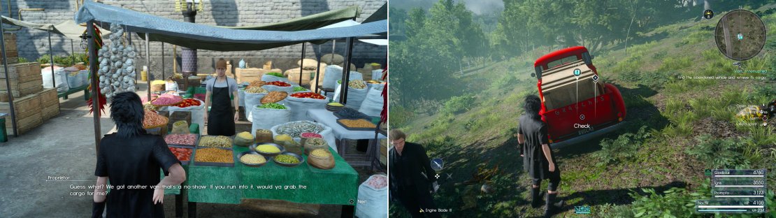 The owner of the Prissock Gerneral Store will tell you about various lost vans (left) which you&rsquo;ll have to find and secure the area around to reclaim its cargo (right).