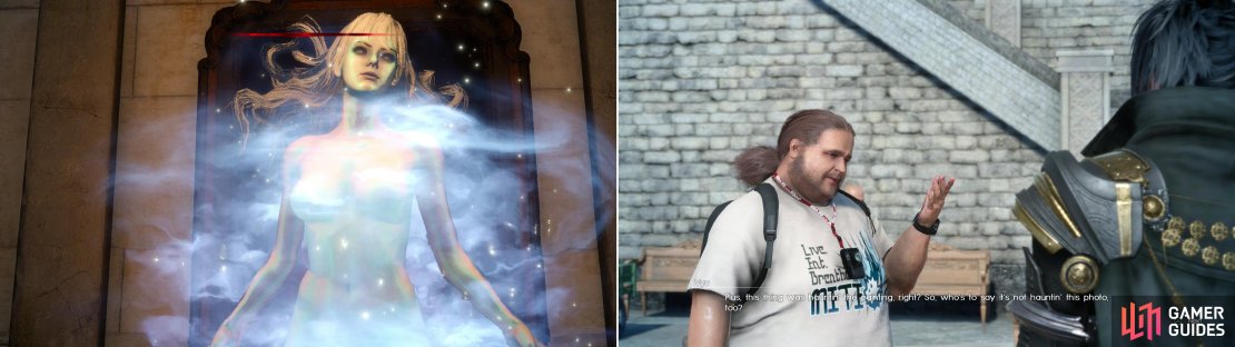 Take a picture of the ghost haunting the painting under Camelia&rsquo;s estate (left) and show it to Vyv, who, despite his trepidation, will reward you for your efforts (right).