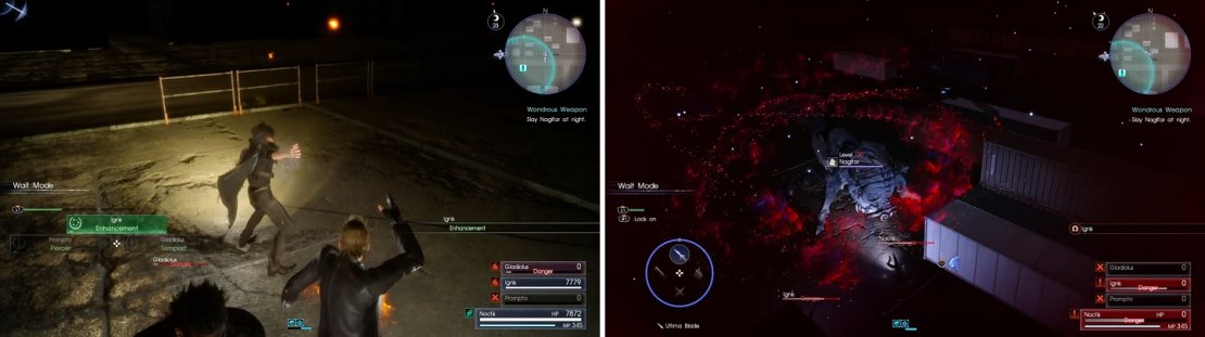Enhancement (left) will let you deal more damage. Watch out for Naglfar&rsquo;s swirling claw attack up close (right).