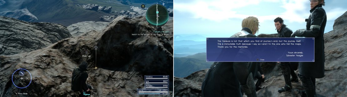 Search near the Tomb of the Fierce to find Sylvester&rsquo;s treasure (left), which might not be quite all you had envisioned (right).