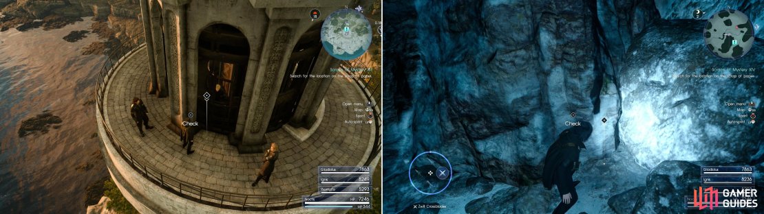 Sylvester&rsquo;s Map Piece M can be found atop the light house at Cape Caem (left), while Sylvester&rsquo;s Map Piece N is hidden in the Greyshire Glacial Grotto dungeon (right).