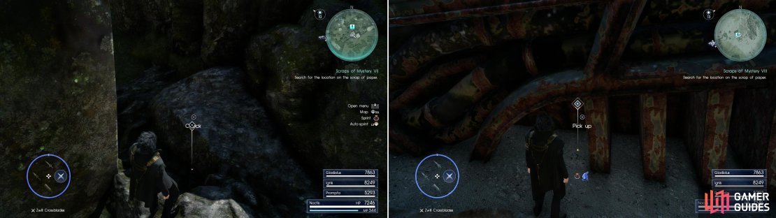 Sylvester&rsquo;s Map Piece G can be found near Foclaugh Hollow dungeon (left) while Sylvester&rsquo;s Map Piece H is near a dropship west of the Disc of Cauthess (right).