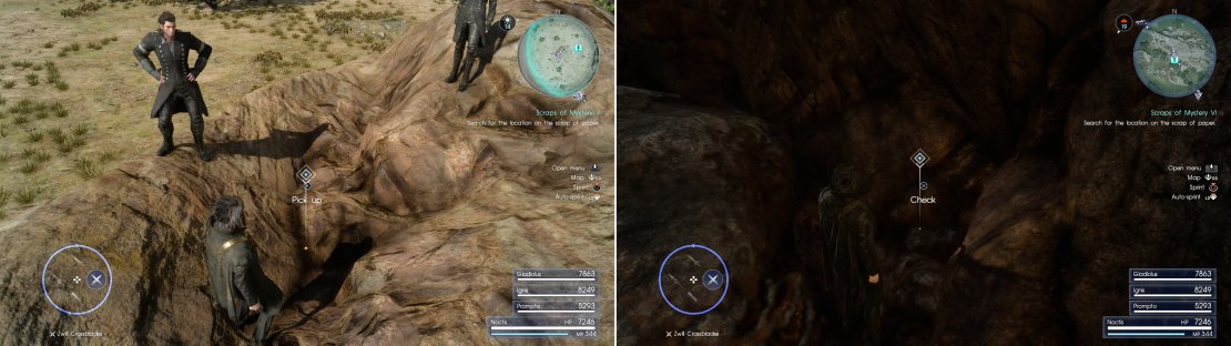 Sylvester&rsquo;s Map Piece E can be found atop a rock (left) while Sylvester&rsquo;s Map Piece F (right) can be found at the base of one of the stone archs that decorate Duscae&rsquo;s landscape.