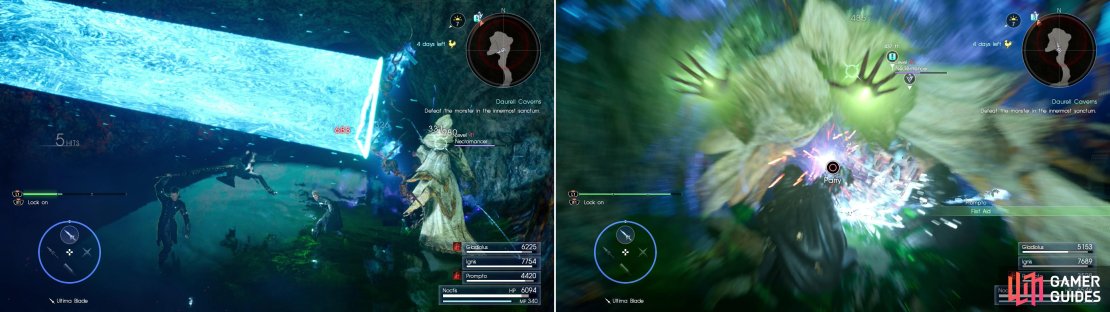 Necromancers can do great damage, and inflict petrification with their triangle-beam attacks (left). They&rsquo;ll also attempt to grapple Noctis and drain his Magic Points (right).