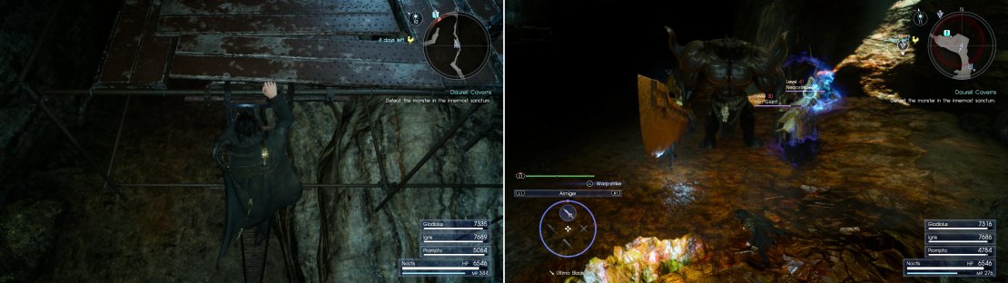 Climb down a ladder to extend the device, providing you with a shortcut (left). At the end of the dungeon you&rsquo;ll find an Iron Giant - the &ldquo;boss&rdquo; of this dungeon (right).