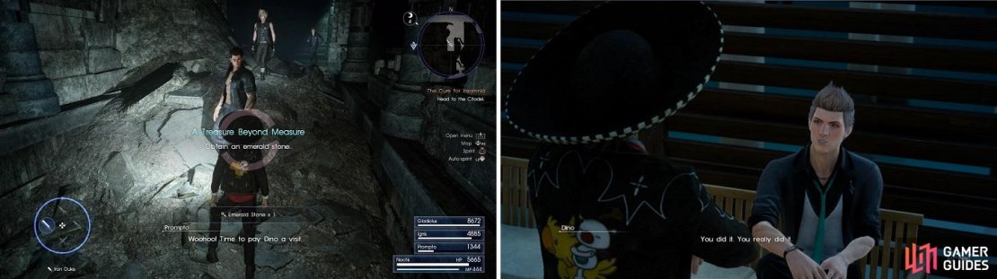 Don&rsquo;t forget to grab the Emerald Stone for Dino while exploring (left), then turn it in after you&rsquo;re finished with the dungeon (right).
