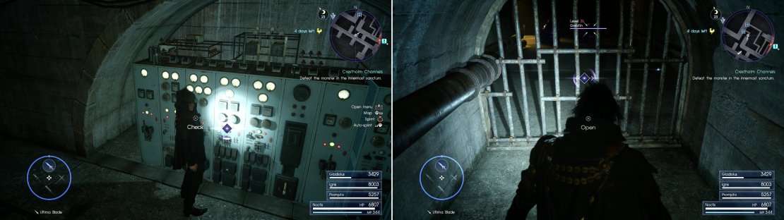 Find a console in one of the first channels you explore - you&rsquo;ll need to activate all of these to reach the depths of Crestholm Channels (left). Some doors, however, must be opened other ways (right).