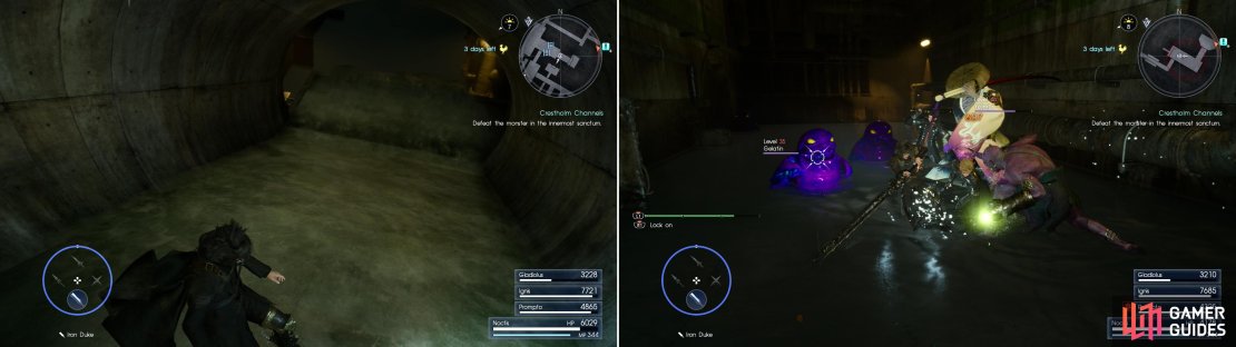 Slide down a slope near the beginning of the dungeon (left) and you&rsquo;ll find yourself in a fight (right). Daemons punish carelessness and expediency.