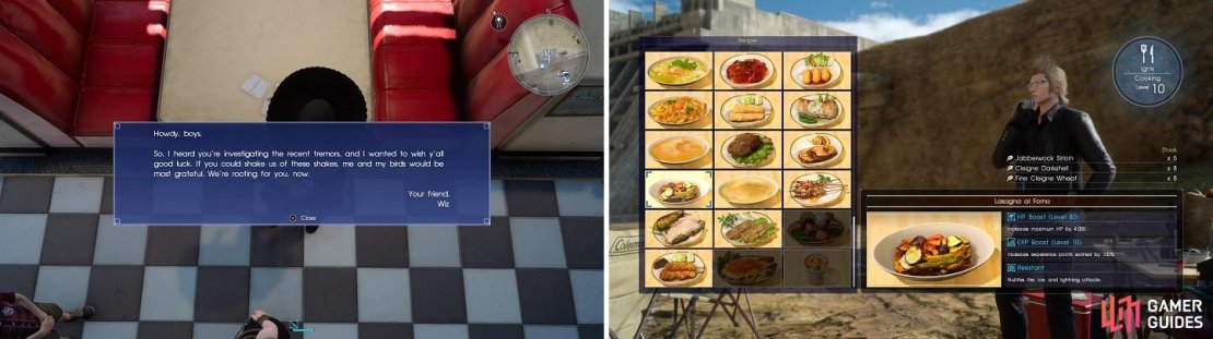 Don&rsquo;t forget to check the table for Wiz&rsquo;s words (left). The correct food can make the battle go faster (right).