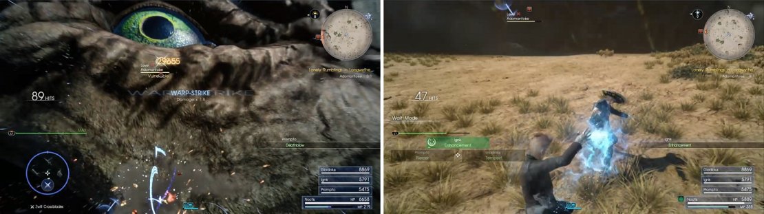 The eye area is one weak spot on the Adamantoise (left). Ignis&rsquo; Enhancement will help in whittling down its massive health (right).