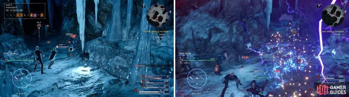 Take out the Kokyangwutis first (left). Watch out for the Ariadne&rsquo;s swinging lightning attack (right).