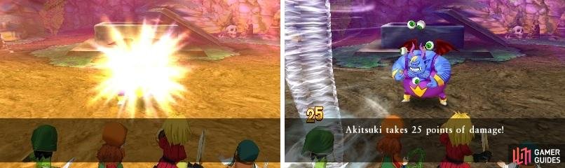 Hackrobat&rsquo;s shine move can Dazzle your characters (left), making them have a harder time hitting the boss. His wind move can deal some big damage to a single character (right).