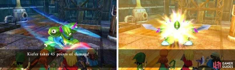 Slaughtomaton&rsquo;s one attack inflicts massive damage (left). It can also blind characters by inflicting Dazzle (right).