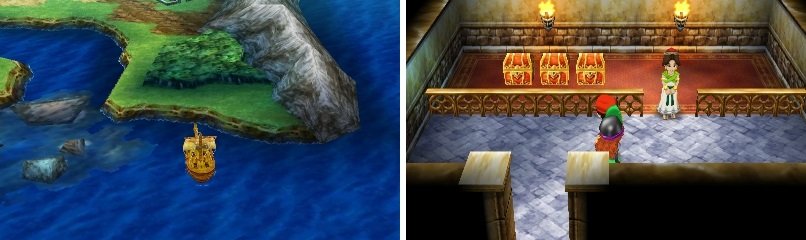 Land on the strip as shown to get to the one lone building (left). You can&rsquo;t open the chests in the Temple Palace yet (right).